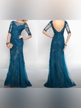 Alyce Paris Teal Lace Illusion-Sleeve Evening Gown
